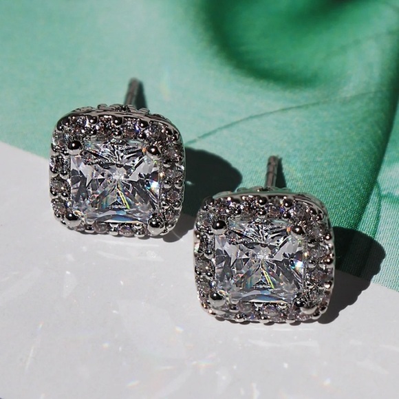 Cushion Cut CZ Halo Stud Earrings by Zaxie | NEW - Picture 2 of 8